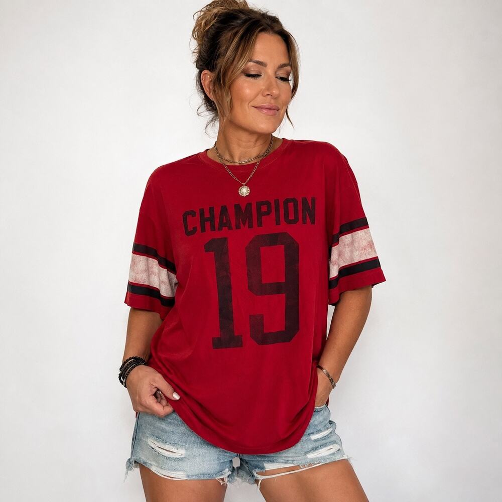 Champion Red Varsity Jersey Graphic Tee Sz L